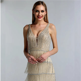 Dubai Design Champagne Sexy Deep-V Evening Dress 2024 with Sequined Beading and Tassel - Luxury Formal Dress