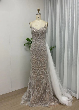 Champagne Stunning Slip Mermaid Sheath Prom Party Gown - Sexy Beaded V-Neck Evening Dress for Formal Occasions