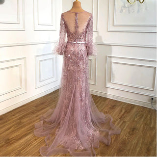 Ships in 1 to 3 Days - Wine Pink Mermaid Elegant Evening Dress 2024: O-Neck, With Overskirt, Luxury Beaded Feathers for Women's Party