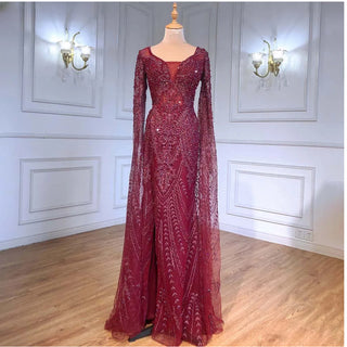 Wine Red Luxury Cape Sleeve Evening Gown 2024 - Beaded Mermaid Elegant Dress for Women's Party