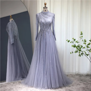 Dubai Mist: Elegant Grey-Blue Muslim Gown with Long Sleeves for Arabic Wedding Celebrations.