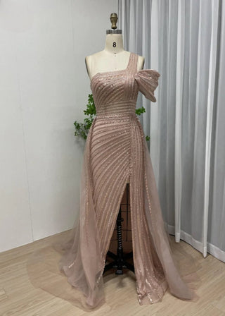 Dubai Graceful Off-Shoulder Mermaid Evening Gown - Arabic Sexy High Split Open Back Sequined Dress for Wedding Parties