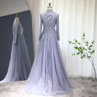 Dubai Mist: Elegant Grey-Blue Muslim Gown with Long Sleeves for Arabic Wedding Celebrations.