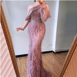 Dubai Wine Red Evening Dress 2024 - One Shoulder, Feather Split, Beading Luxury Mermaid Formal Dress