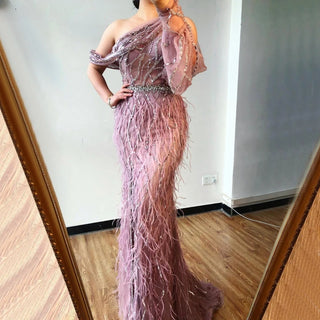 Dubai Wine Red Evening Dress 2024 - One Shoulder, Feather Split, Beading Luxury Mermaid Formal Dress