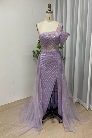 Dubai Graceful Off-Shoulder Mermaid Evening Gown - Arabic Sexy High Split Open Back Sequined Dress for Wedding Parties