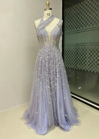 Stylish Light Purple Halter A-Line Evening Gown - Exclusive Off-Shoulder Beaded Tulle Dress with Sparkling Sequins for Women’s Parties