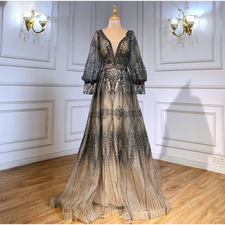 Dubai Twilight Glow: Elegant Long Sleeve Overskirt Evening Dress with 2024 Luxury Crystal Embellishments, Perfect for Plus Size Women at Navy Blue Wedding and Formal Parties.