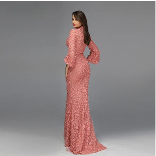 Floral Charm: 2024 Long Sleeves Mermaid Evening Dress with Pearls - Muslim Fashion