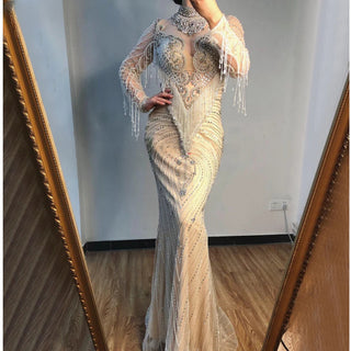 Dubai Luxury High-End Evening Dress 2024 - Champagne Grey with Beaded Tassel Detailing, Formal Attire