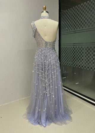 Stylish Light Purple Halter A-Line Evening Gown - Exclusive Off-Shoulder Beaded Tulle Dress with Sparkling Sequins for Women’s Parties