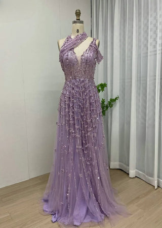 Stylish Light Purple Halter A-Line Evening Gown - Exclusive Off-Shoulder Beaded Tulle Dress with Sparkling Sequins for Women’s Parties