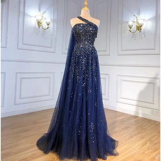 Navy Blue One Shoulder Cape Sleeve Evening Dress: A-Line Beaded Luxury Gown for Women's Party 2024