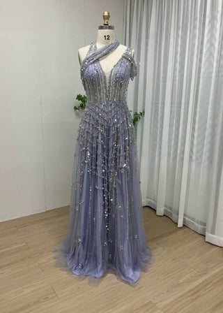 Stylish Light Purple Halter A-Line Evening Gown - Exclusive Off-Shoulder Beaded Tulle Dress with Sparkling Sequins for Women’s Parties