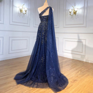 Navy Blue One Shoulder Cape Sleeve Evening Dress: A-Line Beaded Luxury Gown for Women's Party 2024