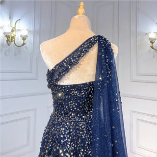 Ships in 1 to 3 Days - Navy Blue One Shoulder Cape Sleeve Evening Dress: A-Line Beaded Luxury Gown for Women's Party 2024