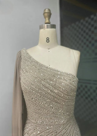 Elegant One-Shoulder Cape Sleeve Champagne Evening Dress - Gorgeous Beaded Mermaid High Split Gown for Women’s Parties