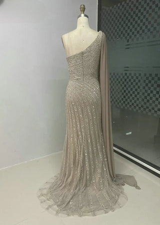 Elegant One-Shoulder Cape Sleeve Champagne Evening Dress - Gorgeous Beaded Mermaid High Split Gown for Women’s Parties