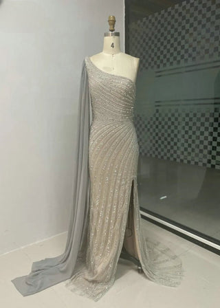 Elegant One-Shoulder Cape Sleeve Champagne Evening Dress - Gorgeous Beaded Mermaid High Split Gown for Women’s Parties