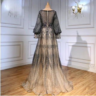 Dubai Twilight Glow: Elegant Long Sleeve Overskirt Evening Dress with 2024 Luxury Crystal Embellishments, Perfect for Plus Size Women at Navy Blue Wedding and Formal Parties.