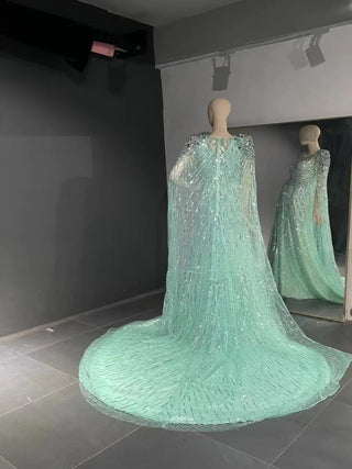 QUEENS DUBAI: Mint Marvel - A-Line V Neck Bead Rhinestone Stage Costume Dress with Cape Fashion Show Dress