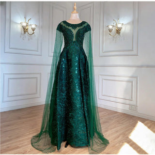 Green Luxury Cape Sleeves Evening Gown 2024 - Lace Beaded A-Line for Women's Parties