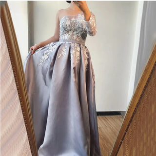 2024 Grey Satin Elegant Evening Dress: One Shoulder, Handmade Flowers, A-Line Formal Gown