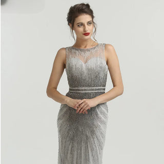 Twilight Allure: Sleeveless Grey Nude V-Neck Evening Gown with Crystal Embellishments – 2024