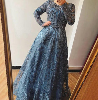 Dubai Luxury Designer Navy Blue Lace Beaded A-Line Muslim Long Evening Dresses 2024 - Formal Gown