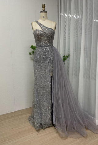 Elegant One-Shoulder Sequin Gown with Tulle Overlay