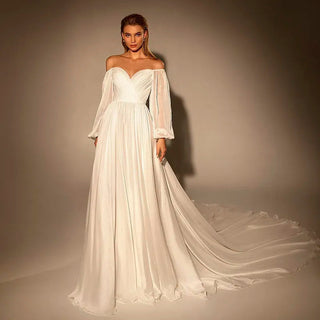 Whimsical Elegance: Off-Shoulder White Chiffon Evening Gown with Dubai-Inspired Blush Pink Undertones - A Dreamy Choice for Arabic Formal Affairs and Weddings.