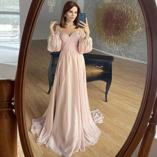 Whimsical Elegance: Off-Shoulder White Chiffon Evening Gown with Dubai-Inspired Blush Pink Undertones - A Dreamy Choice for Arabic Formal Affairs and Weddings.