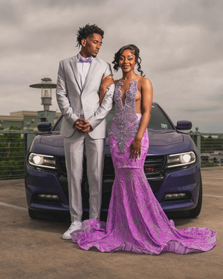 Elegant Lilac Mermaid Gown with Intricate Lace and Crystal Details