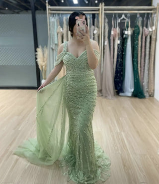 Off-Shoulder Mermaid Evening Dress - Arabic Luxury Gown with Exclusive Beading and Side Train for Weddings and Formal Occasions