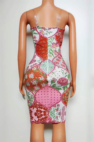 Vibrant Floral Embellished Bodycon Dress