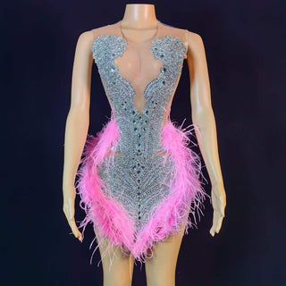 Glamorous Sheer Beaded Mini Dress with Feather Details