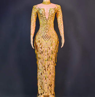 Opulent High-Neck Sheer Gold Beaded Gown with Fringe Details