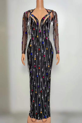 Sheer Long Sleeve Jewel-Embellished Bodycon Gown