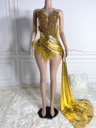 Golden Embellished Mini Dress with Feather Accents and Metallic Train