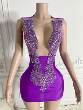 Purple Sheer Illusion Embellished Mini Dress