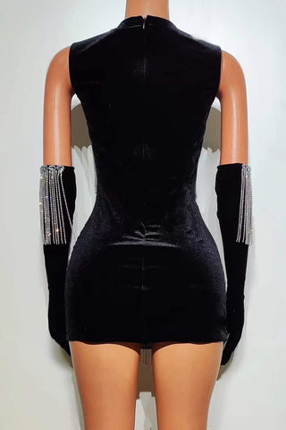 Dazzling Fringe Embellished Mini Dress with Sheer Panels and Gloves