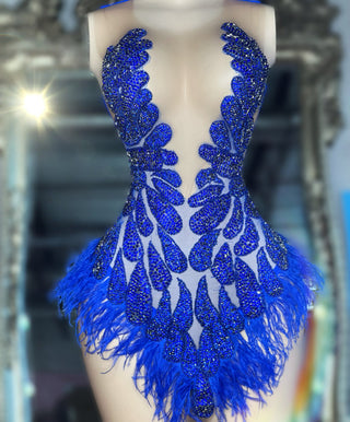 Glamorous Feather and Crystal Beaded Mini Dress with Sheer Panels