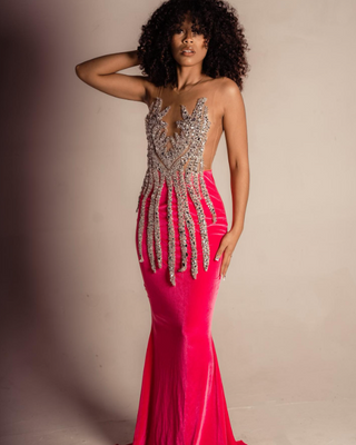 Fuchsia Velvet Crystal-Embellished Mermaid Gown