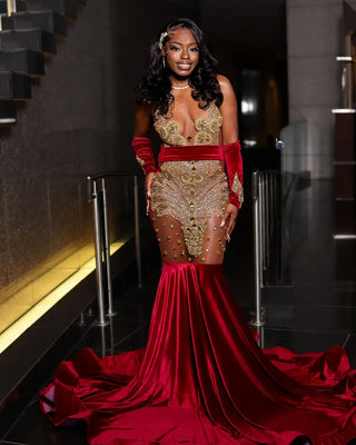 Scarlet Satin Mermaid Gown with Gold Embellishments and Sheer Details