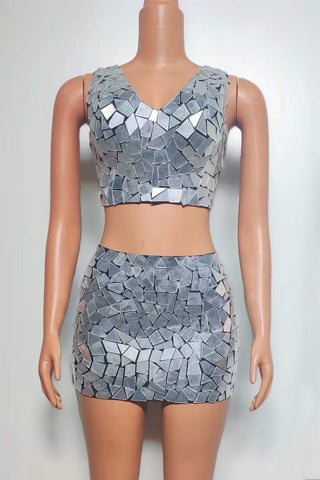 Geometric Mirror Mosaic Crop Top and Mini Skirt Set