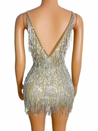 Dazzling Silver Fringe Spaghetti Strap Mini Dress