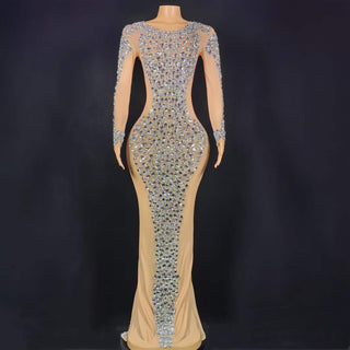 Elegant Sheer Long Sleeve Crystal-Embellished Gown