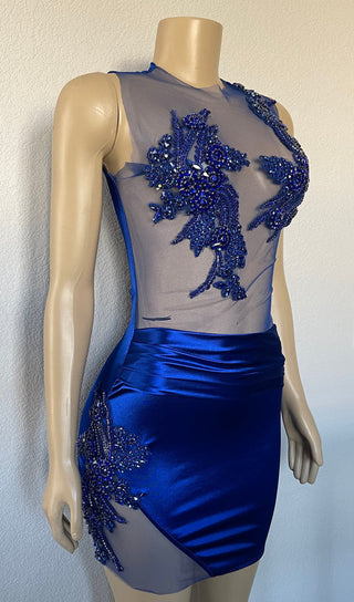 Alluring Sheer Blue Mini Dress with Beaded Appliques