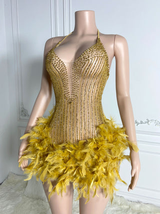 Glamorous Feather Embellished Mini Dress with Rhinestone Detailing