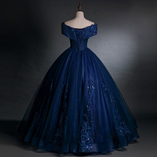 Royal Navy Blue Ball Gown with Off-the-Shoulder Floral Appliques